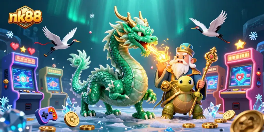 Engage in vibrant nk88 gaming, featuring a jade dragon and arcade machines amidst casino energy.