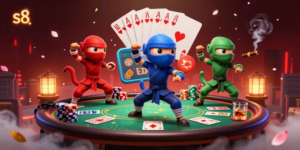 Experience the excitement of s8 with colorful chameleons, poker action, and vibrant casino elements.
