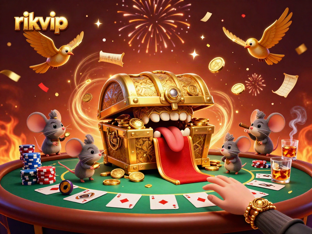 Join the adventure at rikvip with this dynamic 3D illustration featuring rich casino elements.