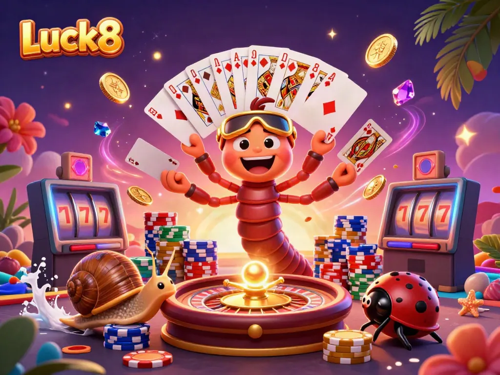 Engage in dynamic gambling action at Luck8 with a whimsical cartoon scene featuring exciting casino characters.