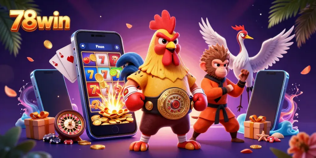 Engage in thrilling casino experiences with 78win featuring a vibrant scene of cartoon characters and game elements.