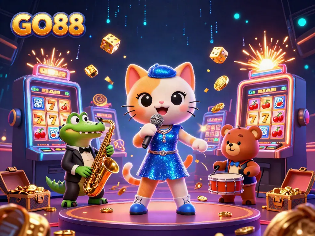 GO 88 showcases a jazz-singer cat on stage, surrounded by dynamic slot machine elements.