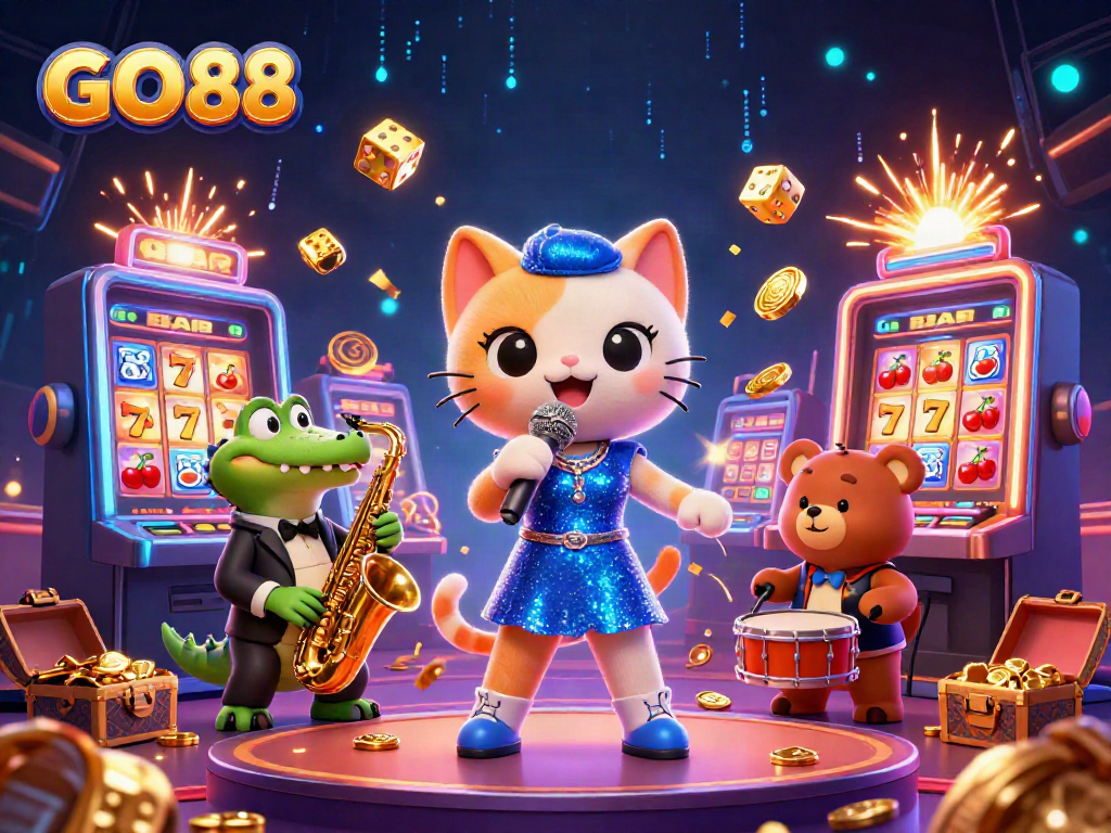 GO 88 showcases a jazz-singer cat on stage, surrounded by dynamic slot machine elements.
