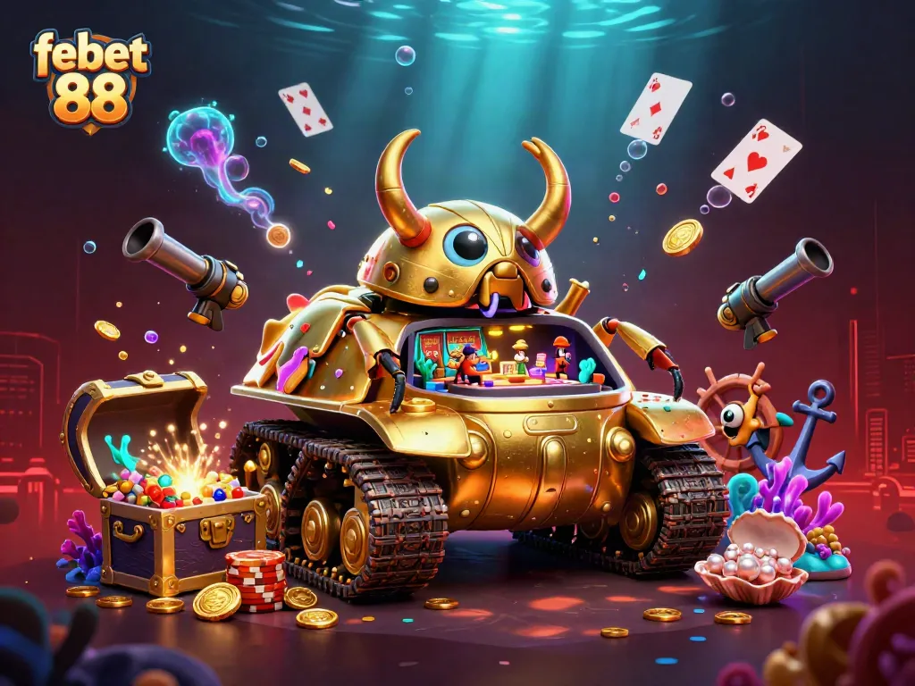 Experience the excitement of febet 88 with a vivid 3D casino illustration bursting with gold and treasures.