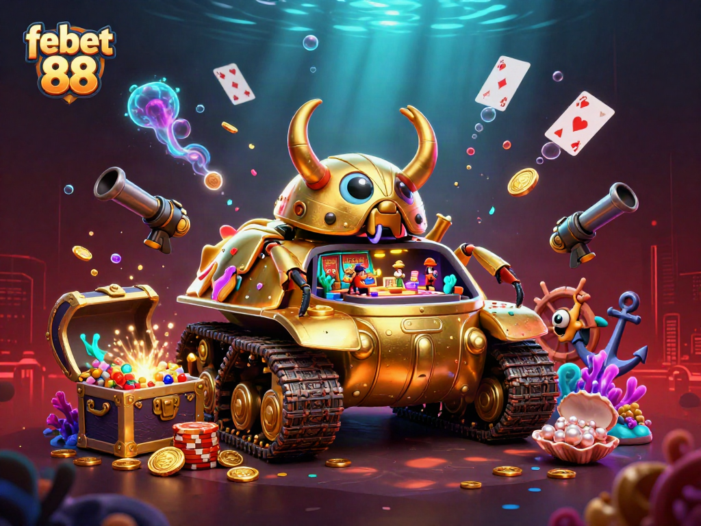 Experience the excitement of febet 88 with a vivid 3D casino illustration bursting with gold and treasures.
