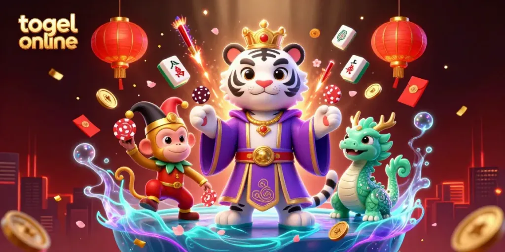 Experience togel online with a vibrant 3D illustration featuring a royal white tiger, playful monkey, and jade dragon.