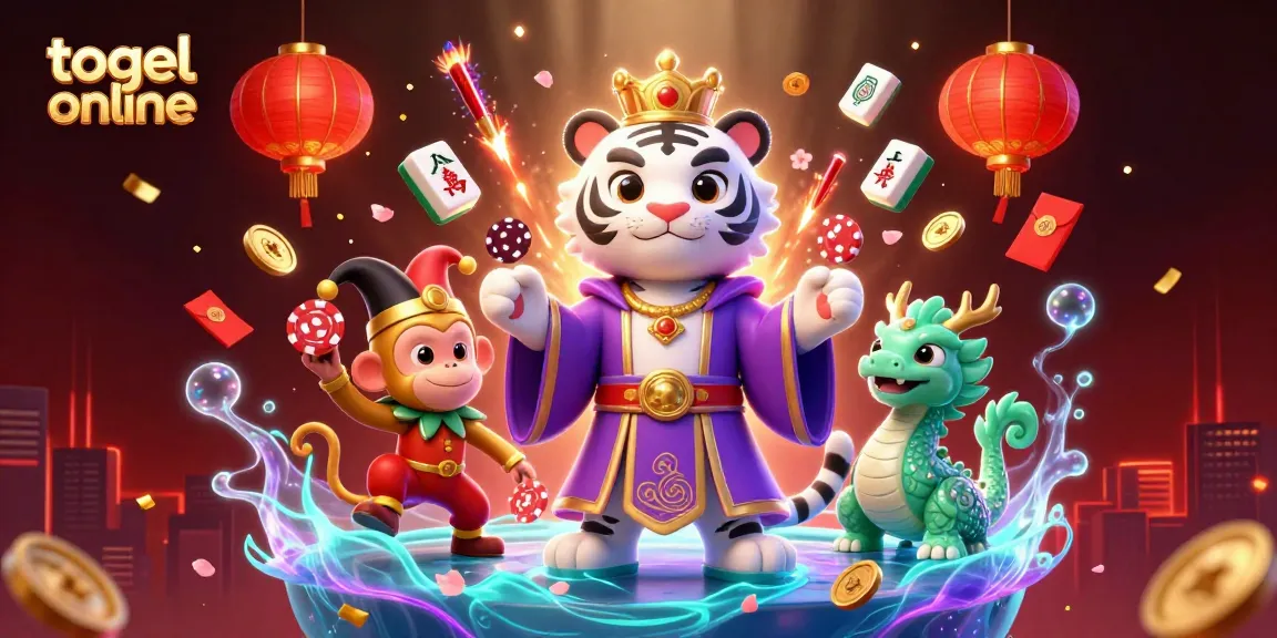 Experience togel online with a vibrant 3D illustration featuring a royal white tiger, playful monkey, and jade dragon.