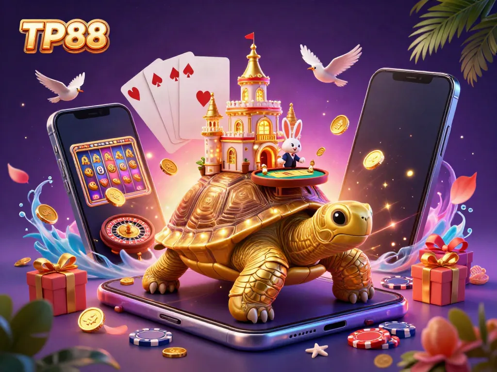 Engage with the vibrant world of TP88, featuring a golden tortoise casino and a rabbit dealer amid flying coins.