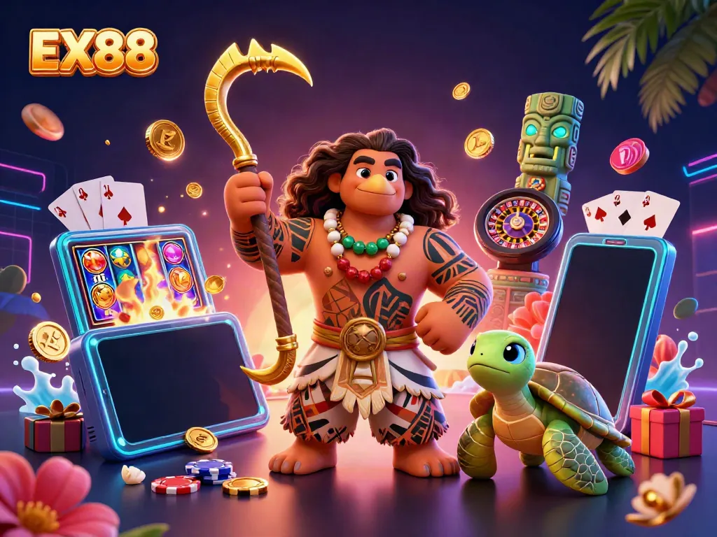 Experience excitement with EX88 as a hawk demigod navigates dynamic slot games and poker action.
