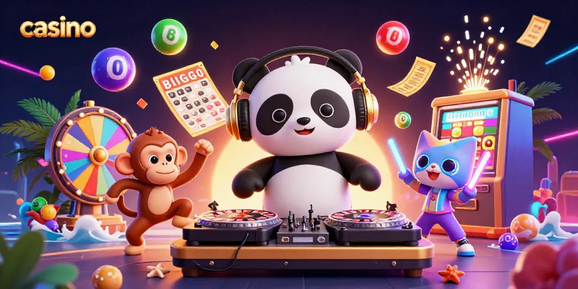 DJ panda spins casino roulette, as dancing monkey and rave kitten add vibrancy to gaming elements.