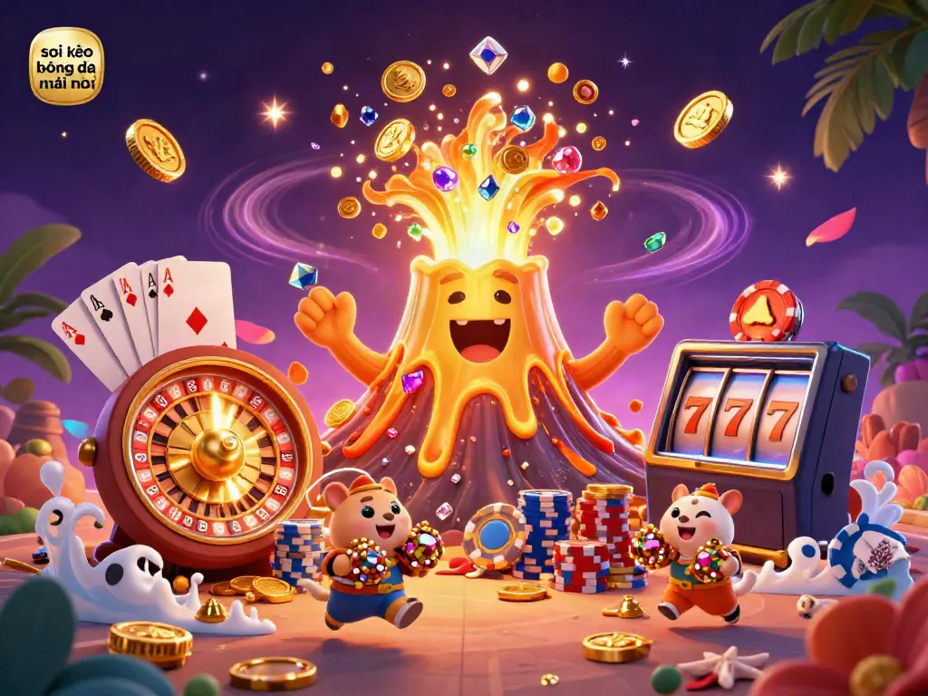 Experience thrilling gameplay with soi kèo bóng đá mới nhất showcasing a vibrant 3D scene of a golden volcano and treasure-hunting animals.
