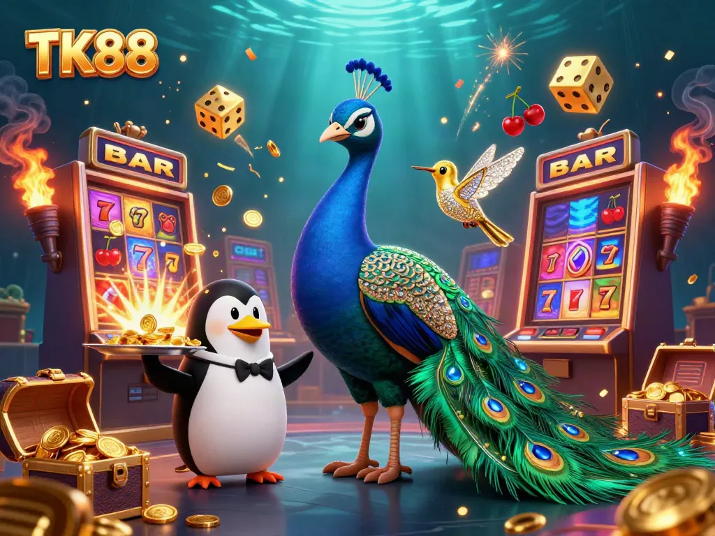 Engage in the vibrant TK88 casino experience with a majestic 3D peacock and a penguin butler.