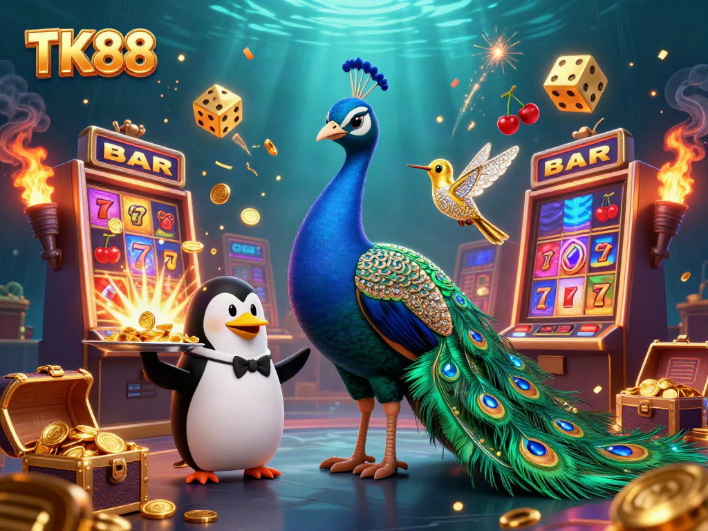 Engage in the vibrant TK88 casino experience with a majestic 3D peacock and a penguin butler.