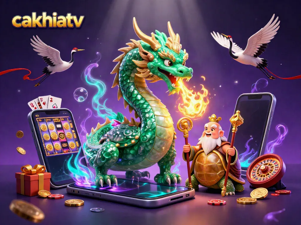 Experience high-stakes excitement with cakhiatv's vivid 3D dragon and sage in this vibrant casino adventure.