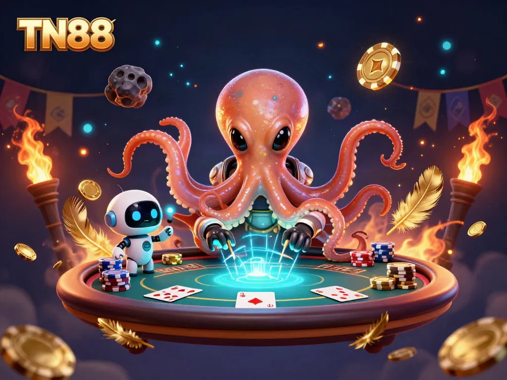 Experience thrilling poker action with TN88, a 3D alien octopus and vibrant gaming elements.