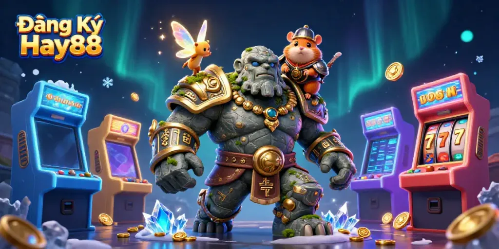 Join the adventure with Đăng Ký Hay88 as the stone golem and knight unlock new gaming experiences around a vibrant casino.