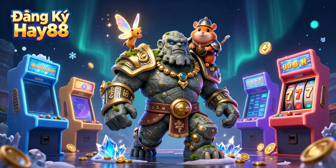 Join the adventure with Đăng Ký Hay88 as the stone golem and knight unlock new gaming experiences around a vibrant casino.