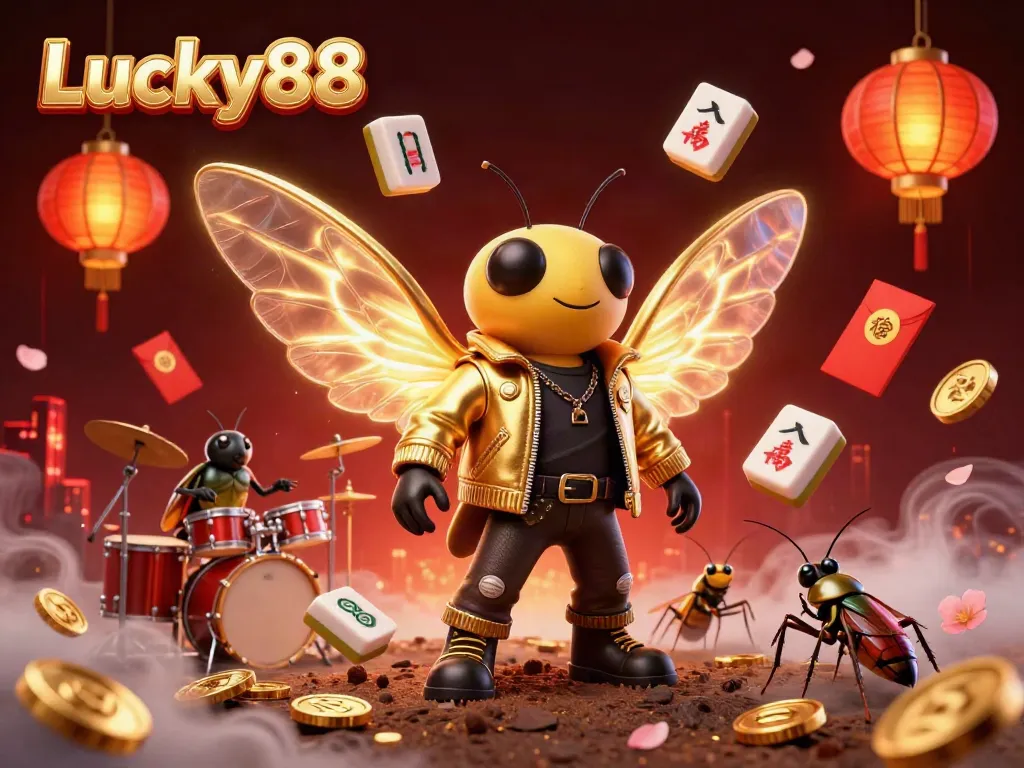 Experience the thrilling excitement of Lucky88 with a rock star cicada and vibrant casino-themed elements in a rich 3D scene.