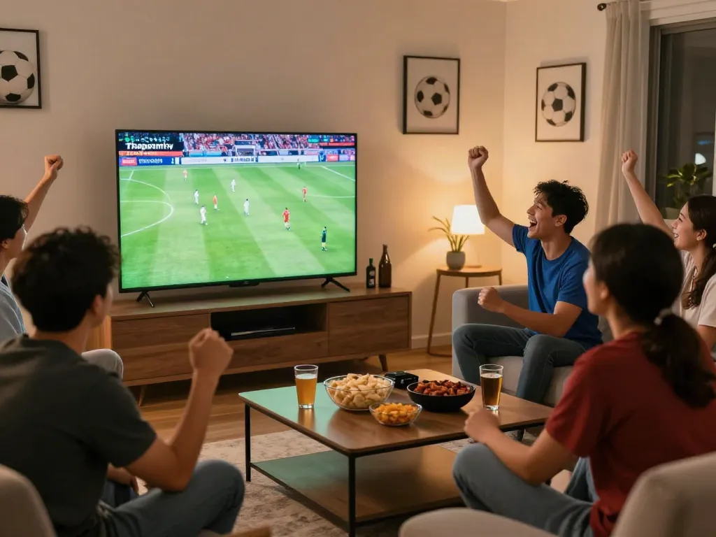 Fans enjoying a live football match on Thapcamtv in a cozy living room.