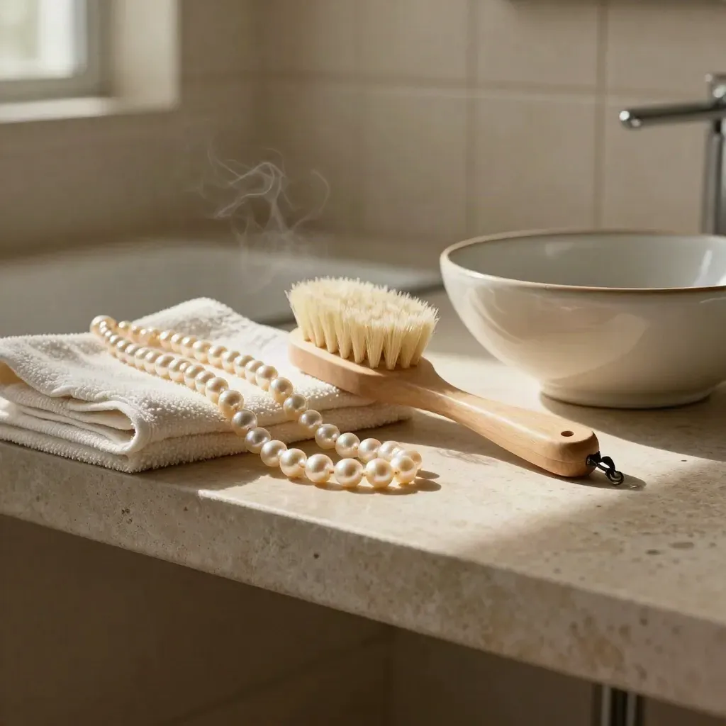 Pearls, brush and bowl on a bathroom shelf in warm afternoon light