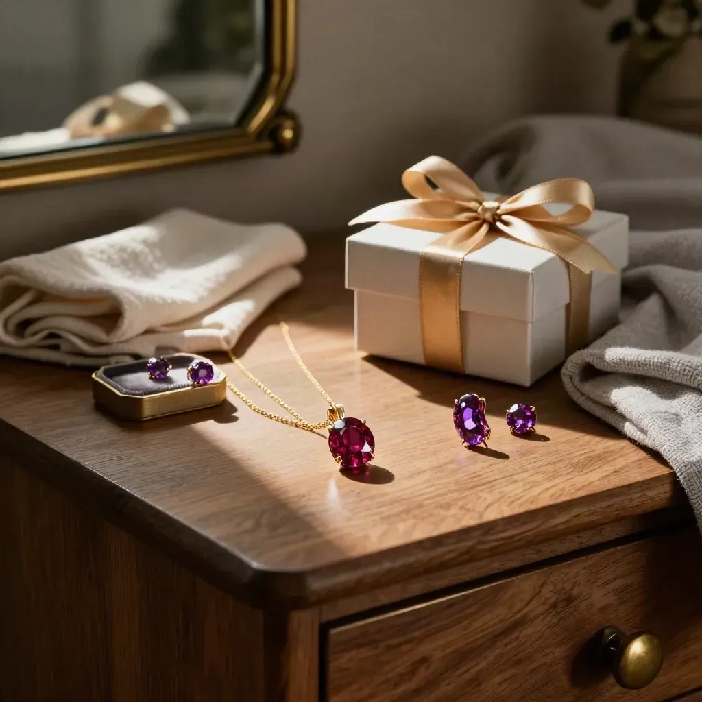 Ruby pendant, amethyst studs and gold-ribboned gift box on a warm bedroom vanity at dusk.