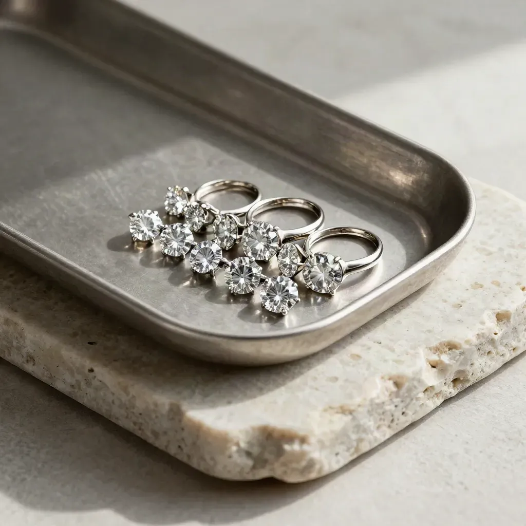 Diamonds and two white-metal ring mounts arranged on a pale stone slab