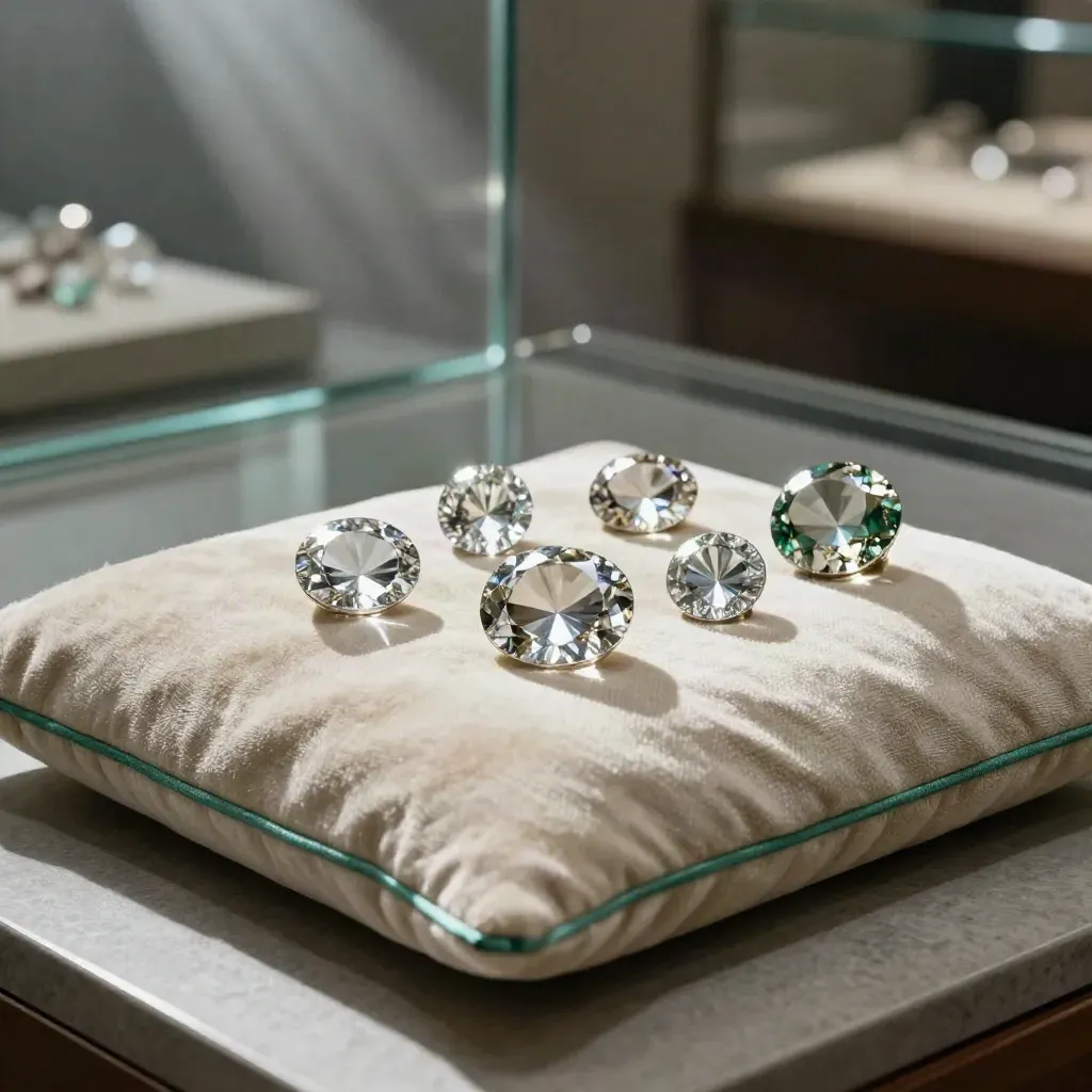 Gem cuts on suede and linen, raked by morning light in a jeweller's display space.