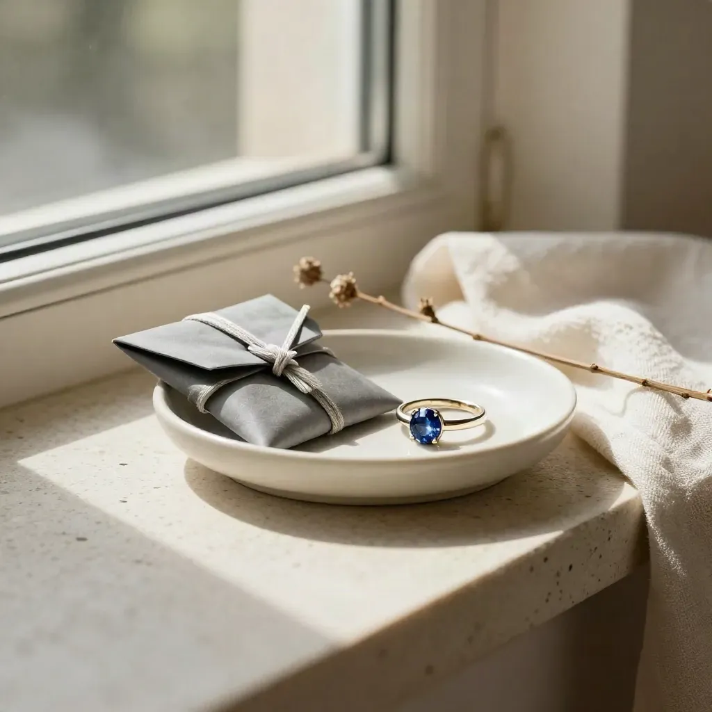 Birthstone rings beside a cream dish and dried stem on travertine in soft window light.