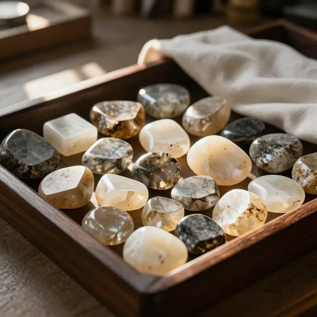 Gem samples in a tray with cloth and wood, lit by warm afternoon light.