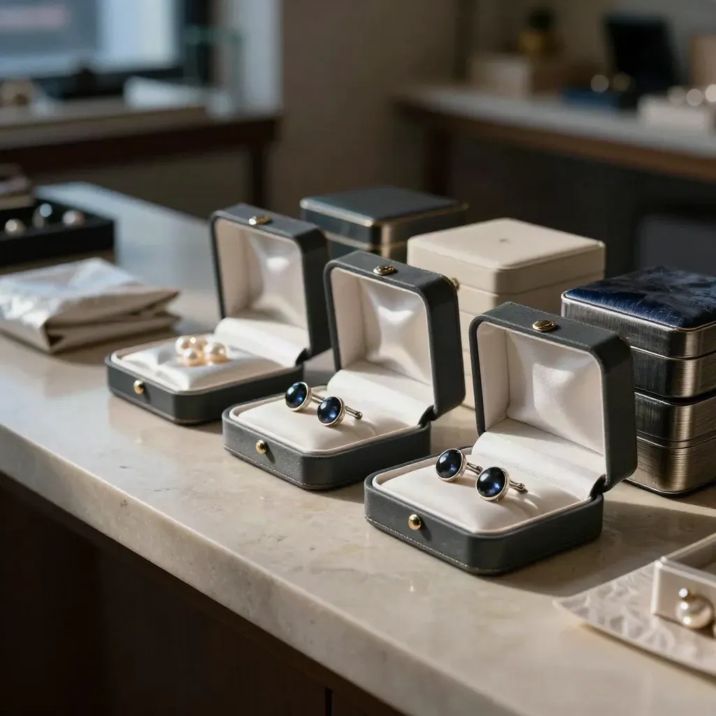 Gemstone gift boxes, dark-stone cufflinks and tissue wrap on a pale counter in blue-hour light.