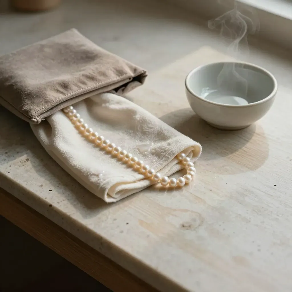 Pearl strand, cloth, pouch, and rinse bowl on a pale oak gemstone care desk