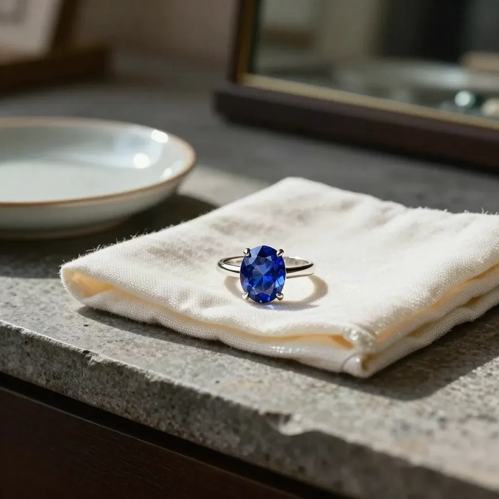 Sapphire ring on a stone counter with cloth and small dish in soft daylight