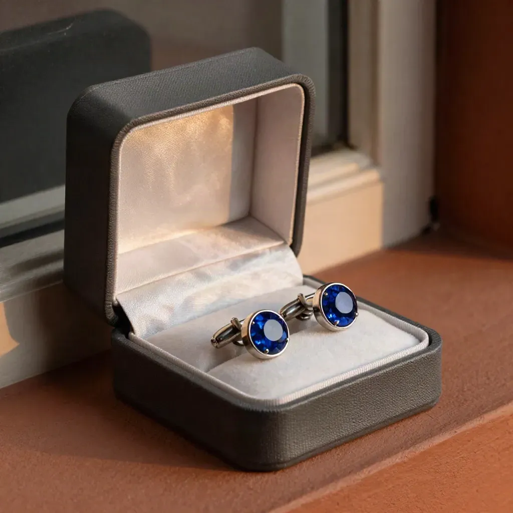 Opened gift box with sapphire cufflinks and a dark gemstone ring on a terracotta ledge
