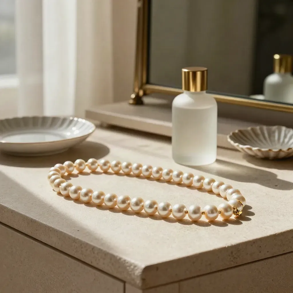 Pearl necklace, linen cloth, dish and frosted bottle on a sunlit cream vanity.