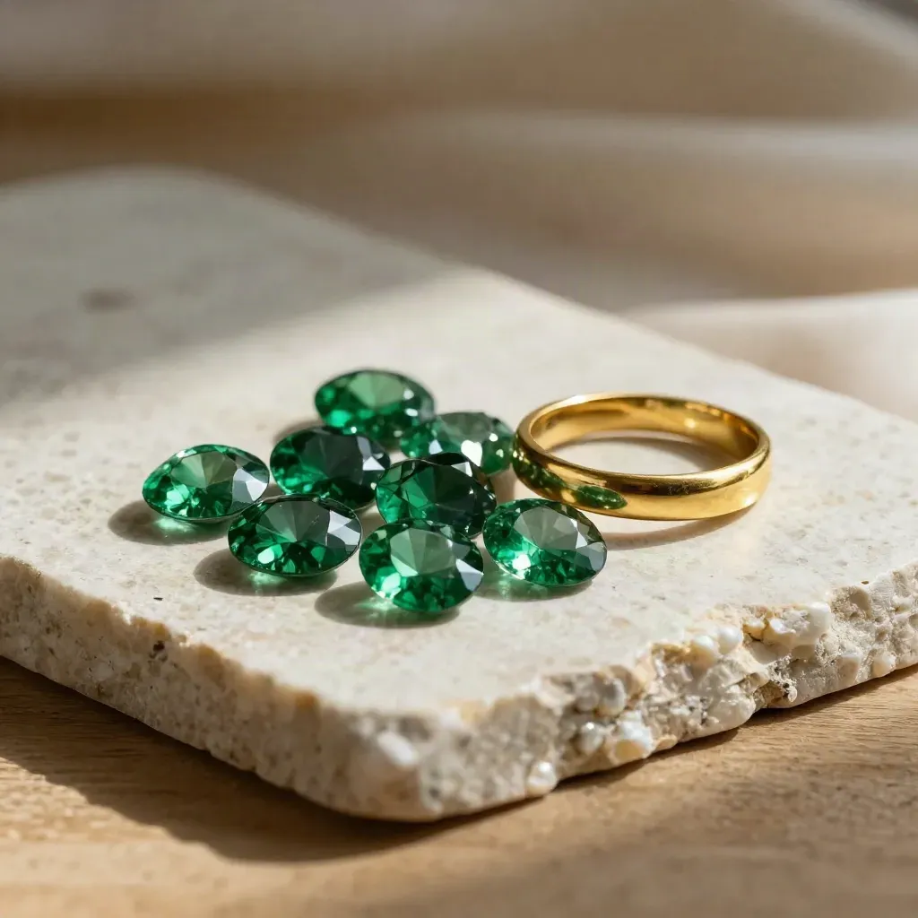 Emeralds, a plain gold ring mount and stone slab on a pearl cloth in warm late-afternoon light.