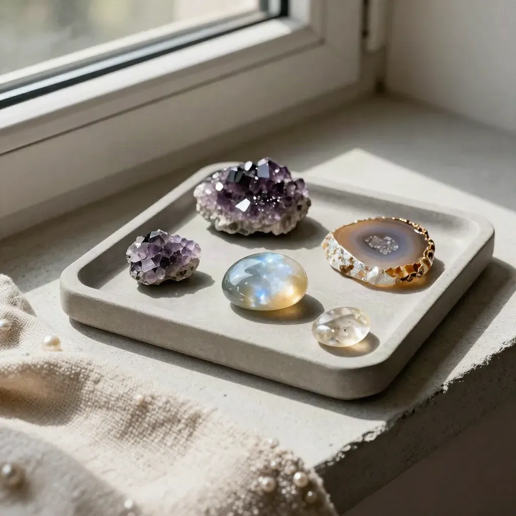 Gemstone samples on a tray with pale cloth in soft morning window light