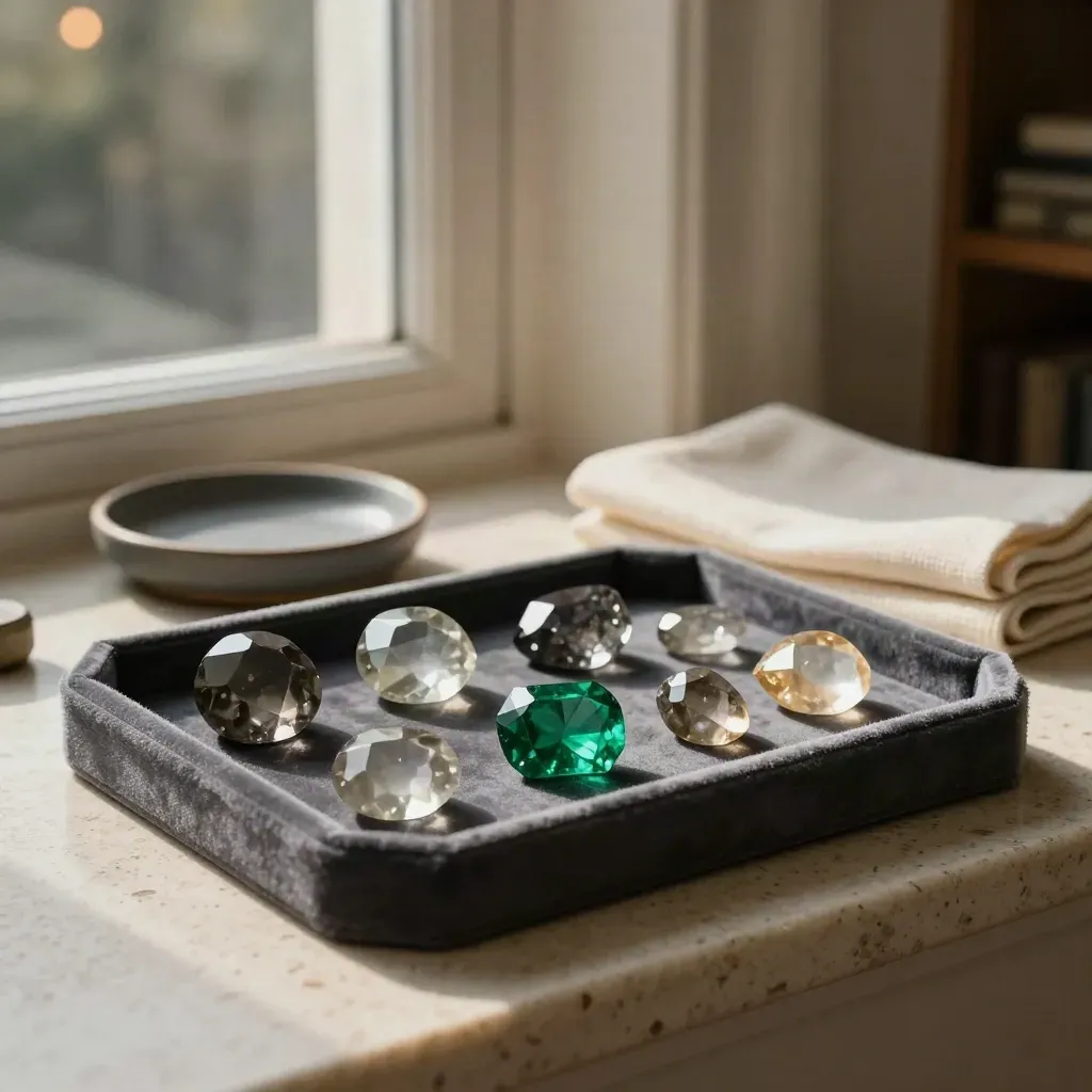 Gemstones on a velvet tray and ceramic dish in warm dusk window light.