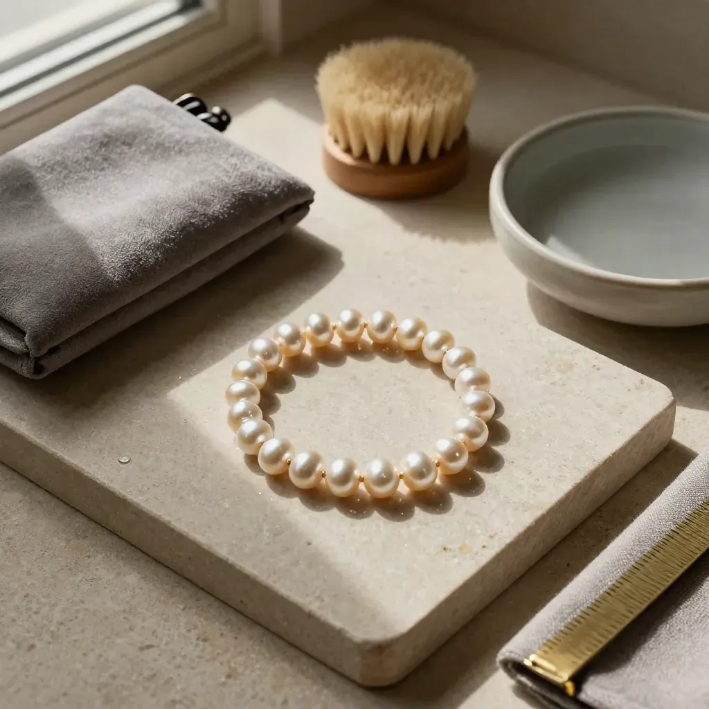 Pearl bracelet with pouch, brush and dish on a stone tray in soft light
