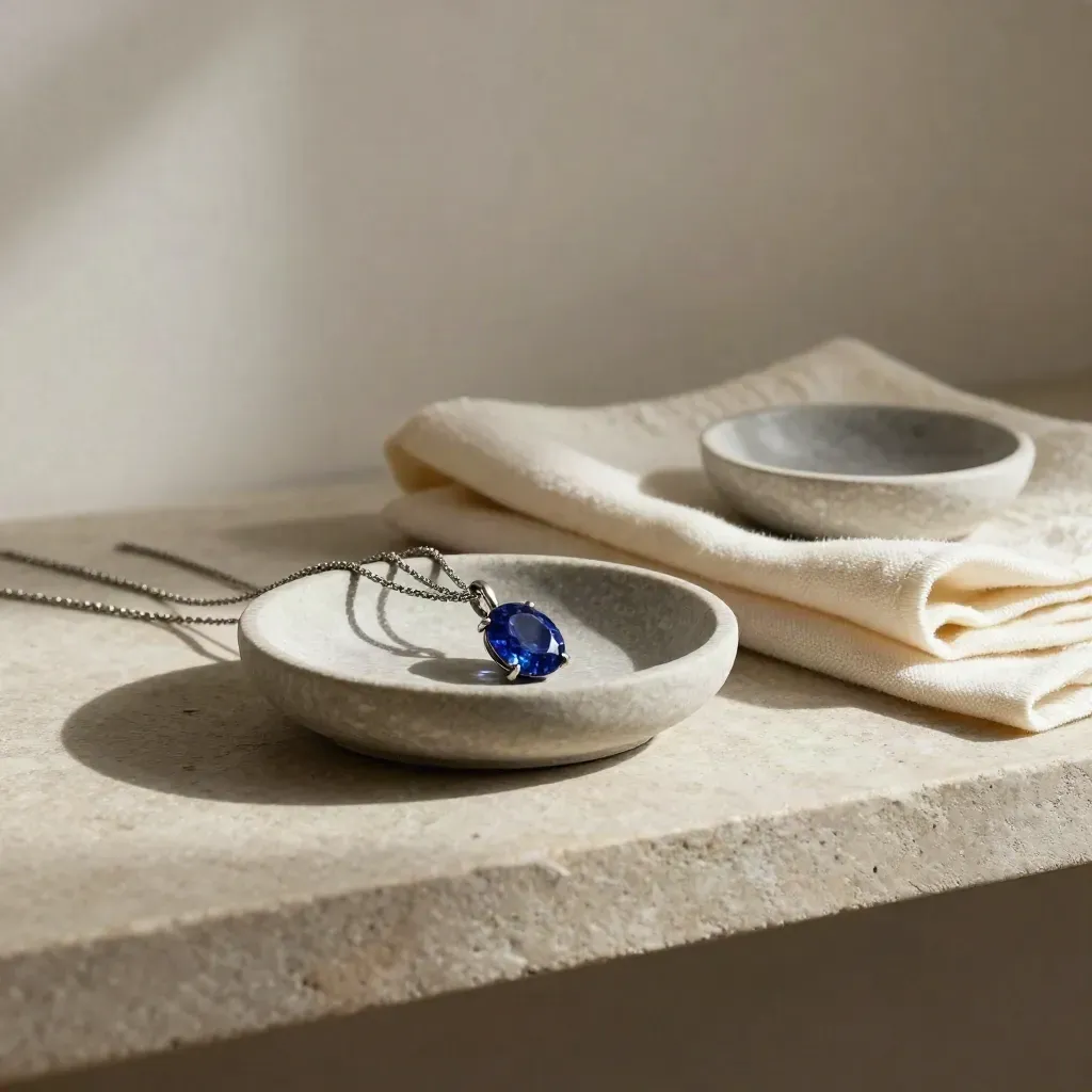 Birthstone pendants in a stone dish with a cream cloth and sapphire accent on a shelf