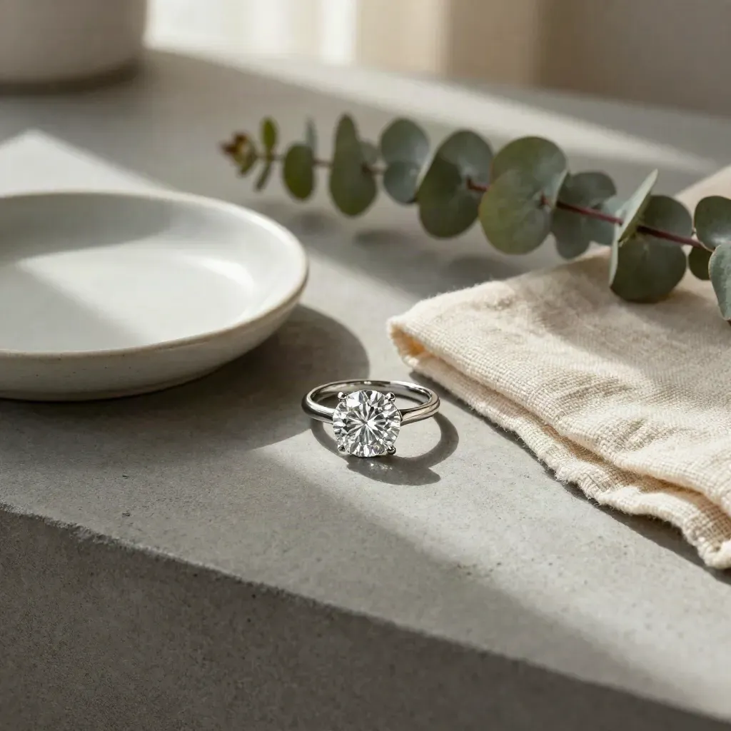 Top-down diamond solitaire ring with linen, dish and eucalyptus on pale stone.