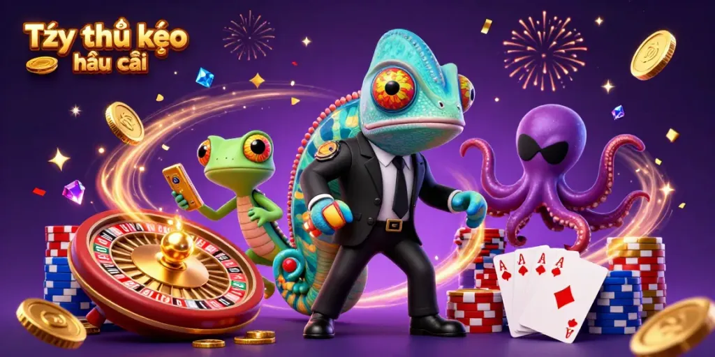 Engaging sports betting scene portraying Tỷ lệ kèo nhà cái with colorful characters, casino elements, and dynamic action.