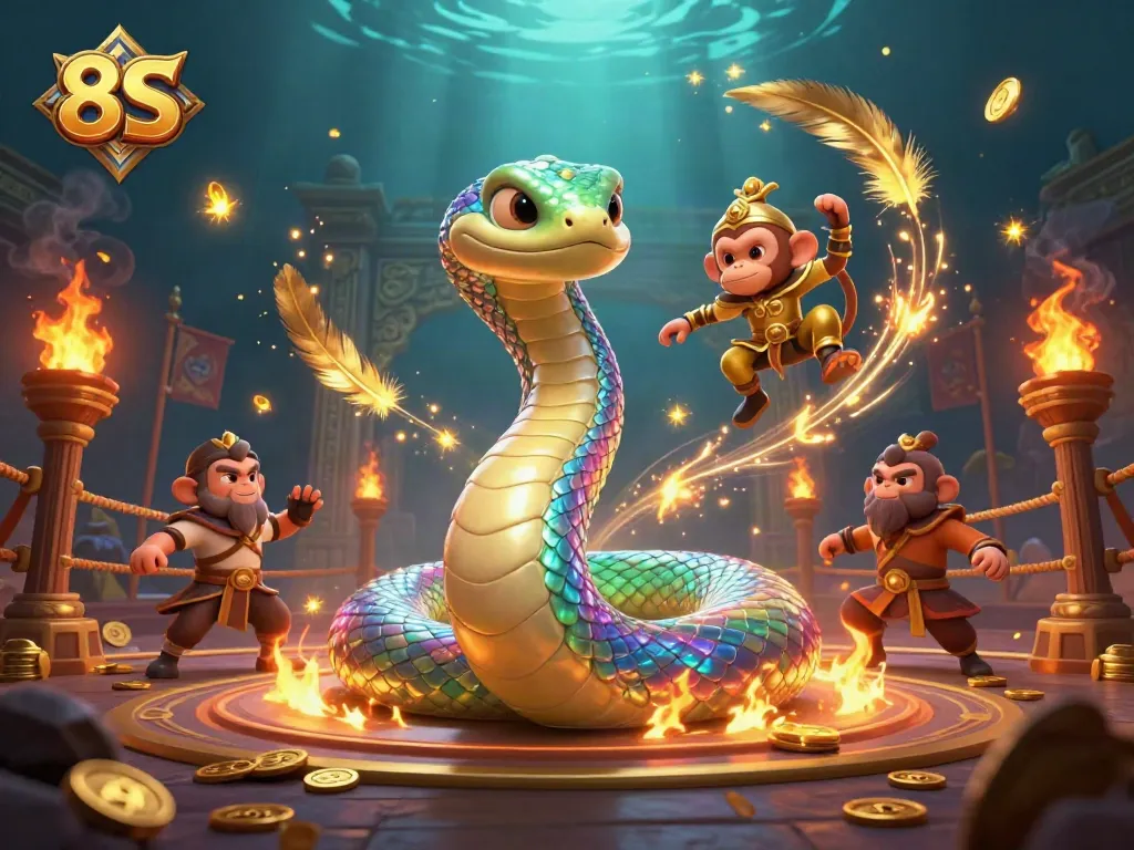 Engage in thrilling games with 8S featuring a vibrant scene of a rainbow serpent and monkey king.