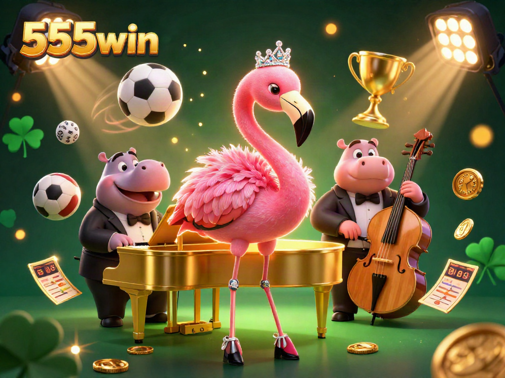 Experience the excitement of 555win with lively 3D casino characters and dynamic sports elements in a vibrant illustration.