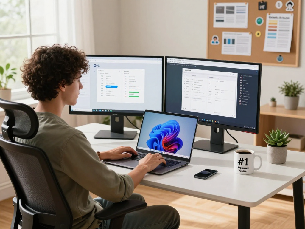 Seamless remote work with ToDesk software, featuring a cozy home office with productive setup.