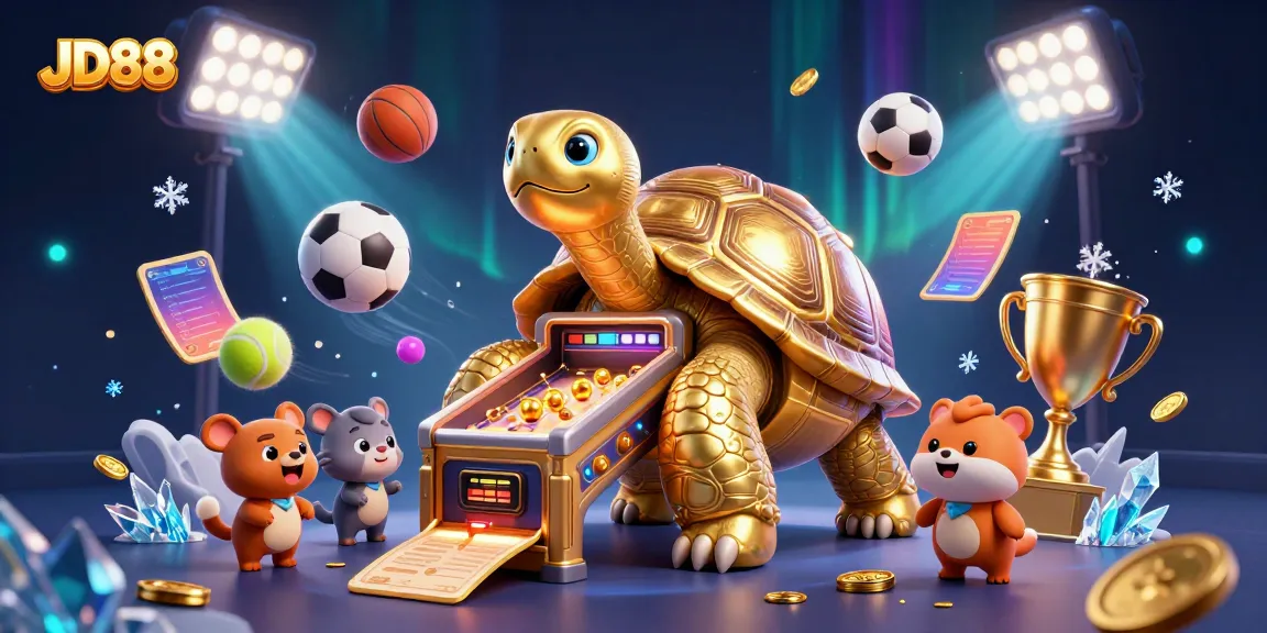 Experience excitement at JD88 with golden tortoise, sports balls, and casino elements.