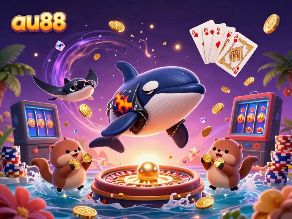Join the excitement at au88 with vibrant characters and dynamic casino elements in an exhilarating 3D rendering.