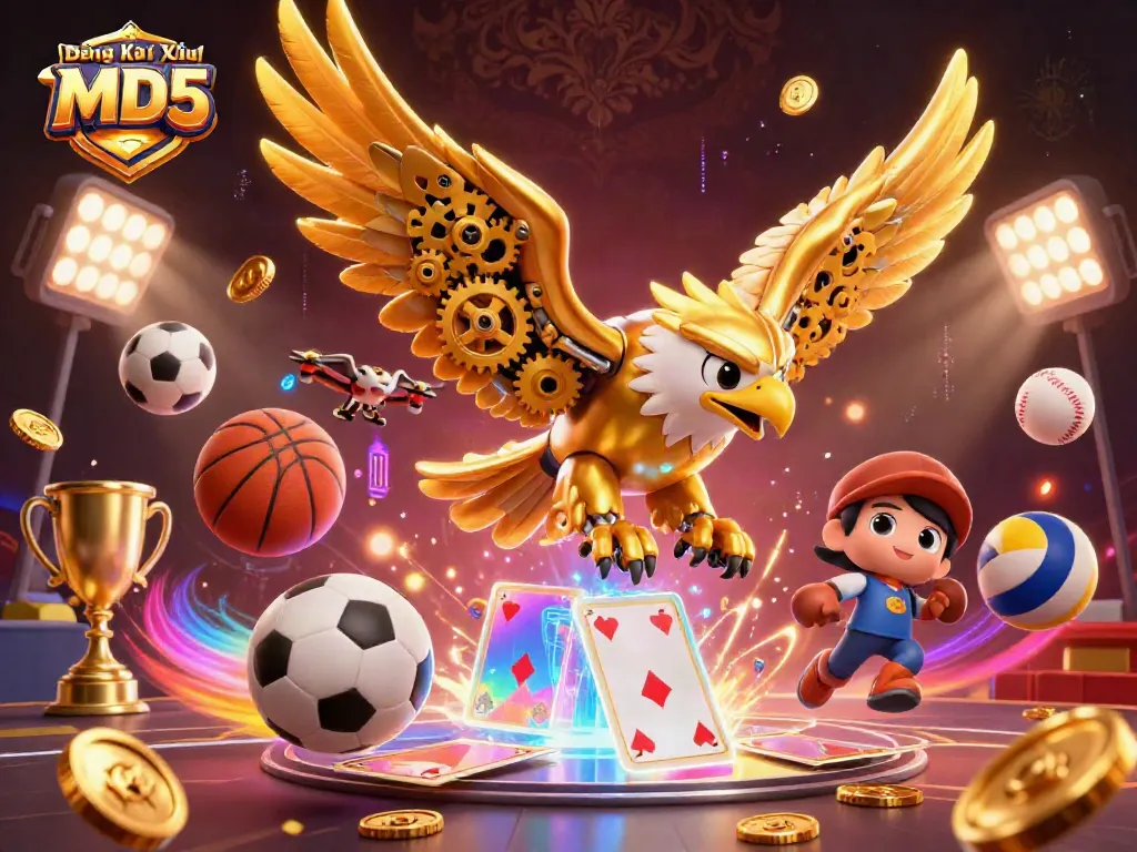 Experience the thrill of Đăng Ký Tài Xỉu MD5 with a dazzling eagle soaring through vibrant casino elements.
