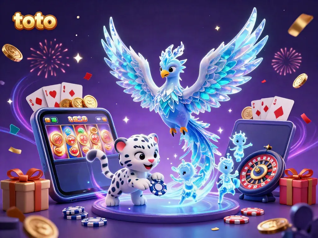 Experience toto casino excitement with a colorful slot game illustration featuring an ice phoenix, poker chip, and magical sprites.