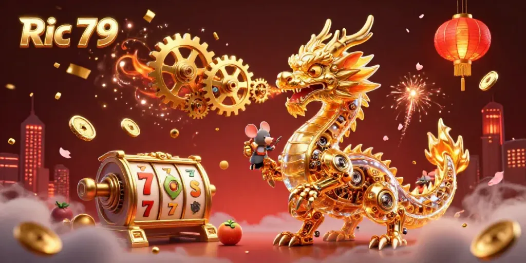 Experience Ric 79 by spinning vibrant slot reels with a golden dragon and lucky charms.