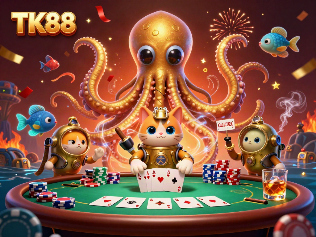 Experience the thrilling TK88 gaming scene with a kraken, diving cat, and poker elements.